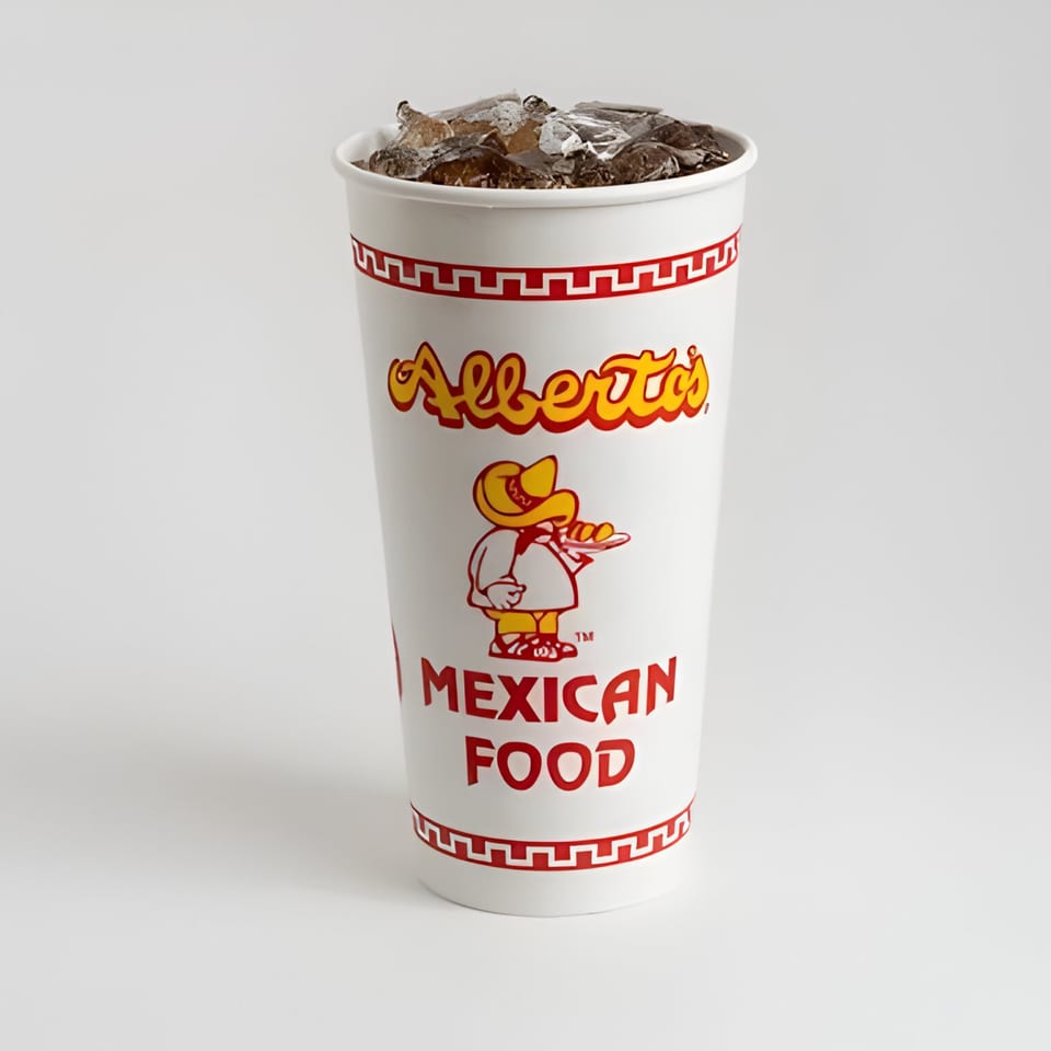 Alberto's of Ontario branded cup filled with a dark soda and ice.