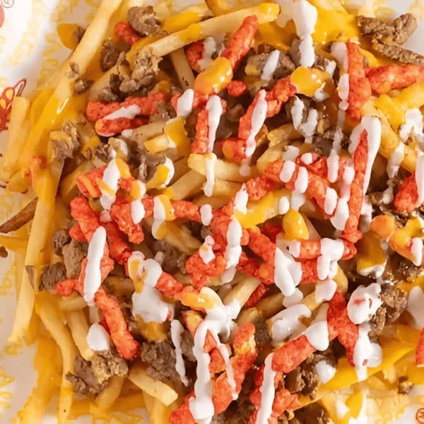 Alberto's of Ontario's loaded fries with cheese, meat, hot Cheetos, and white sauce.