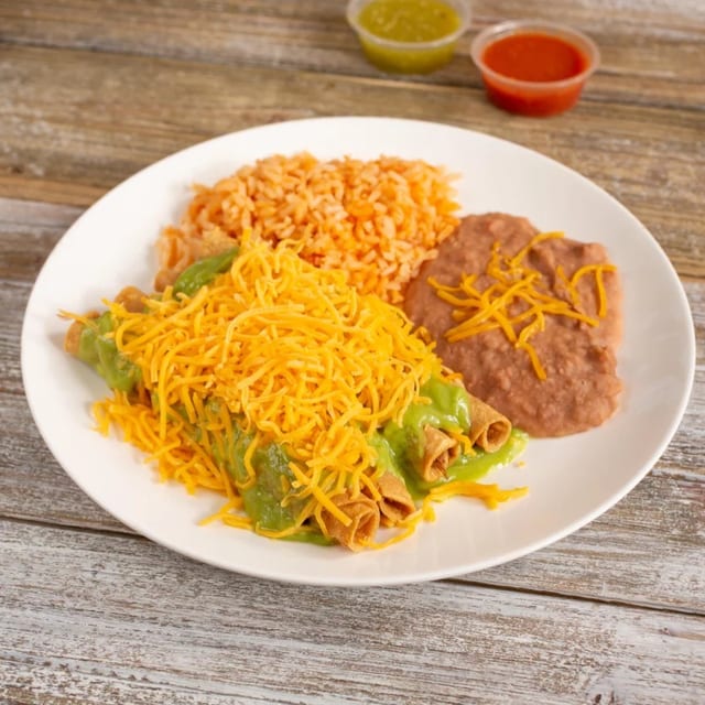 4 Rolled Tacos, Rice, Beans and Drink.