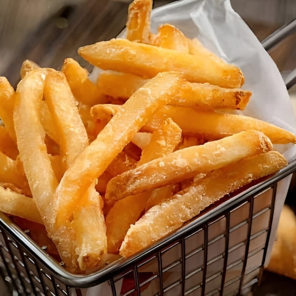 Golden, crispy french fries in a metal basket lined with white paper at Alberto's of Ontario.